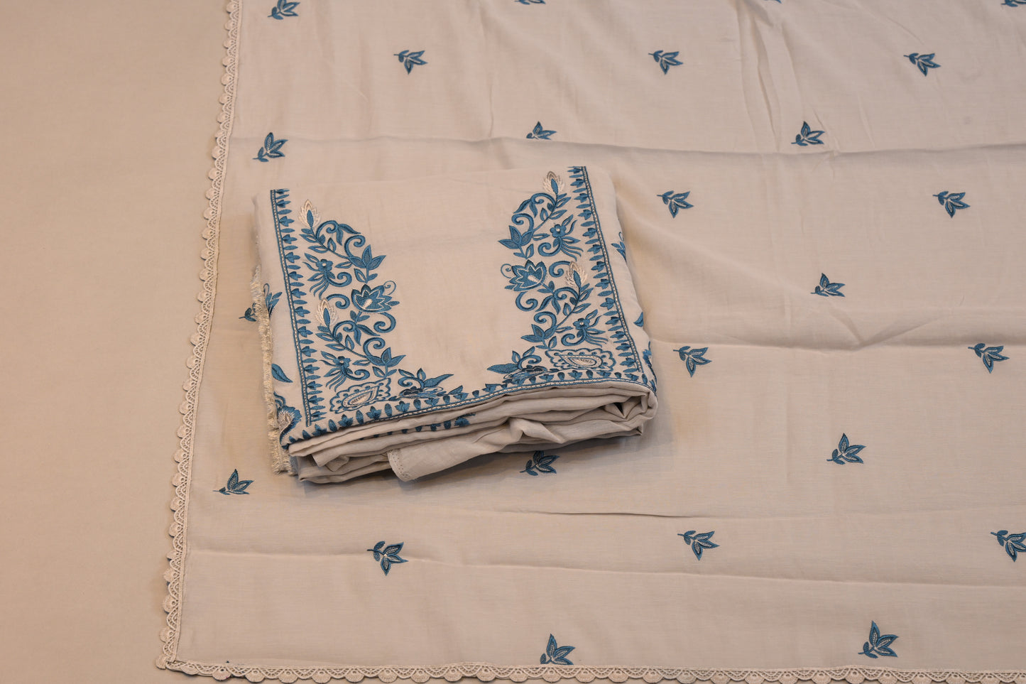 Elegant White Suit with Blue Floral Embroidery & Lace Border Dupatta