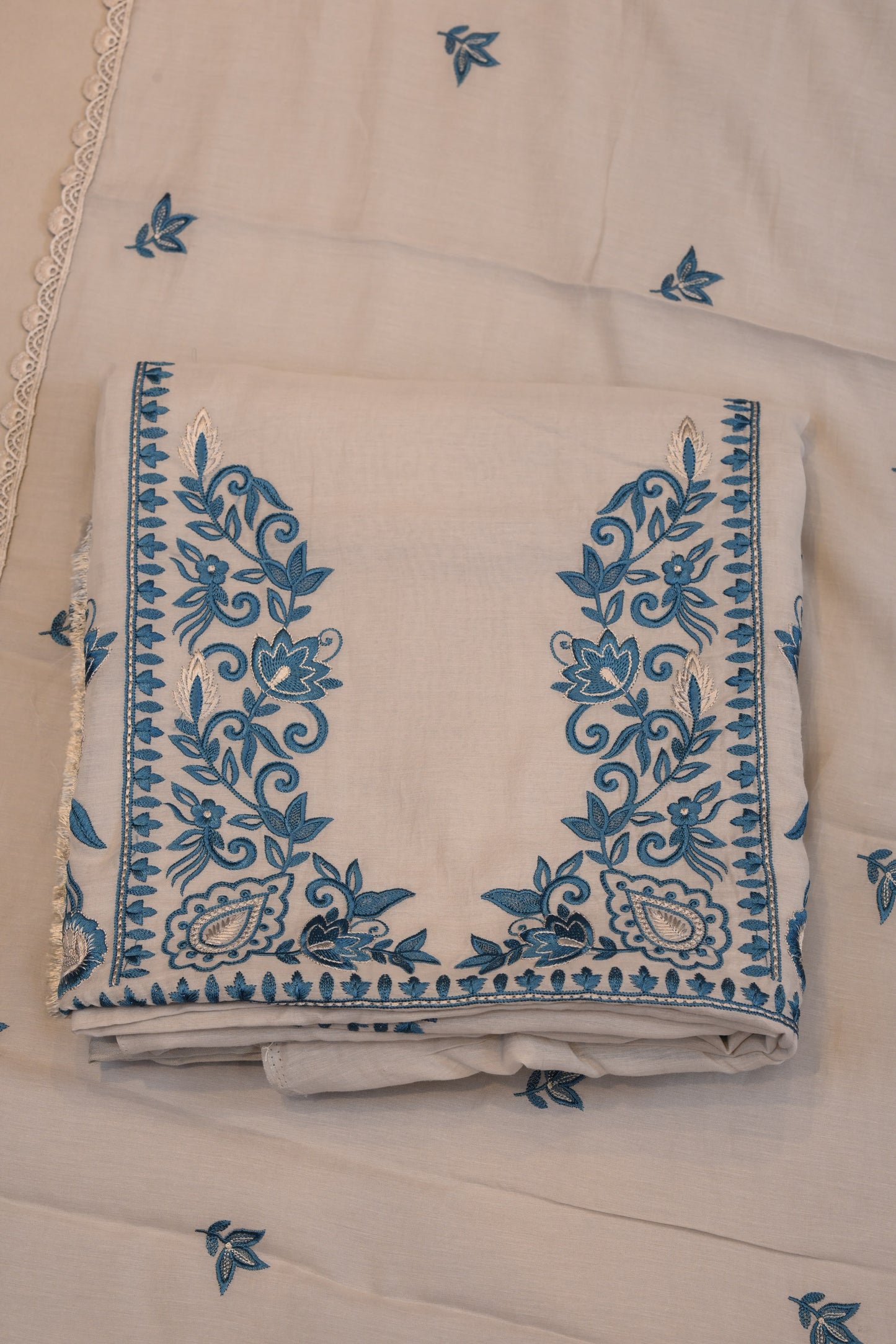 Elegant White Suit with Blue Floral Embroidery & Lace Border Dupatta