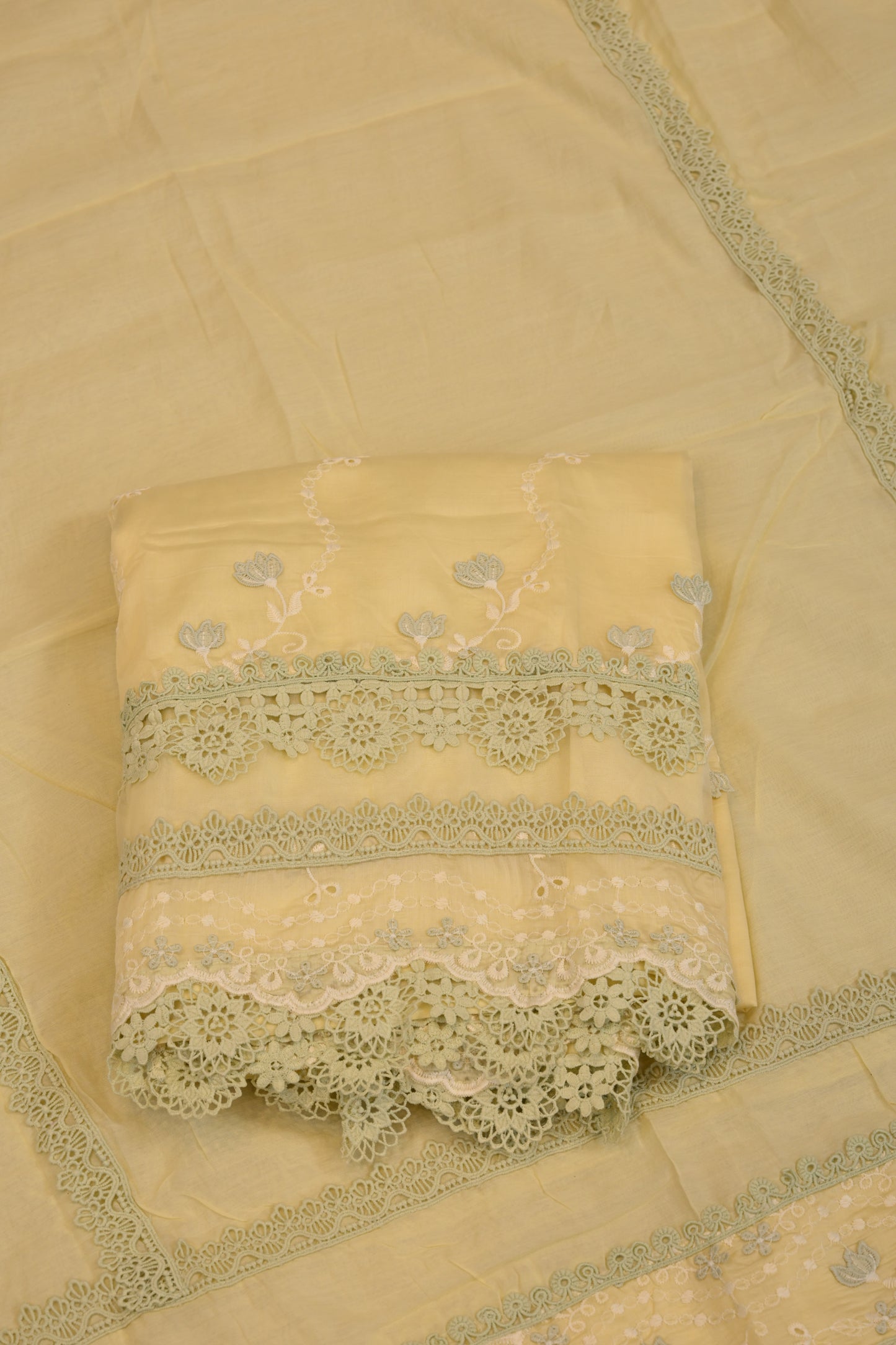 Soft Yellow Cotton Suit with Intricate Lace & Floral Embroidery