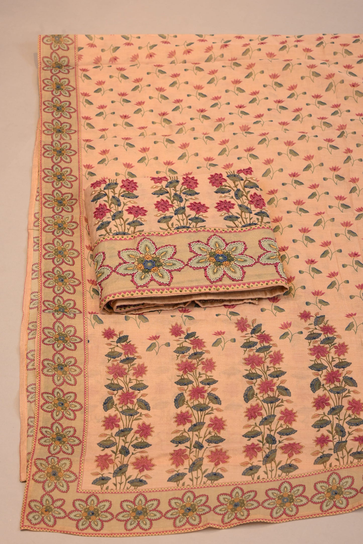 Peach Floral Printed Suit with Embroidered Border & Dupatta