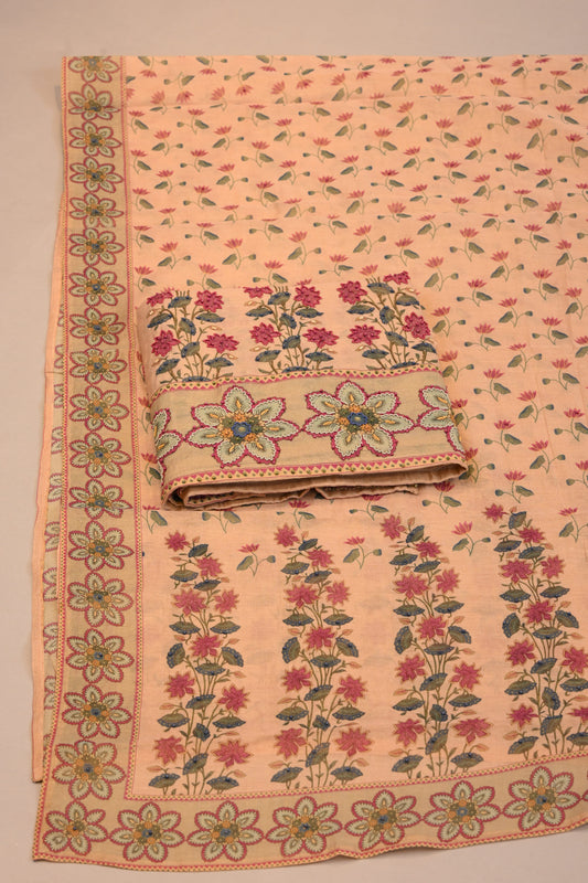 Peach Floral Printed Suit with Embroidered Border & Dupatta