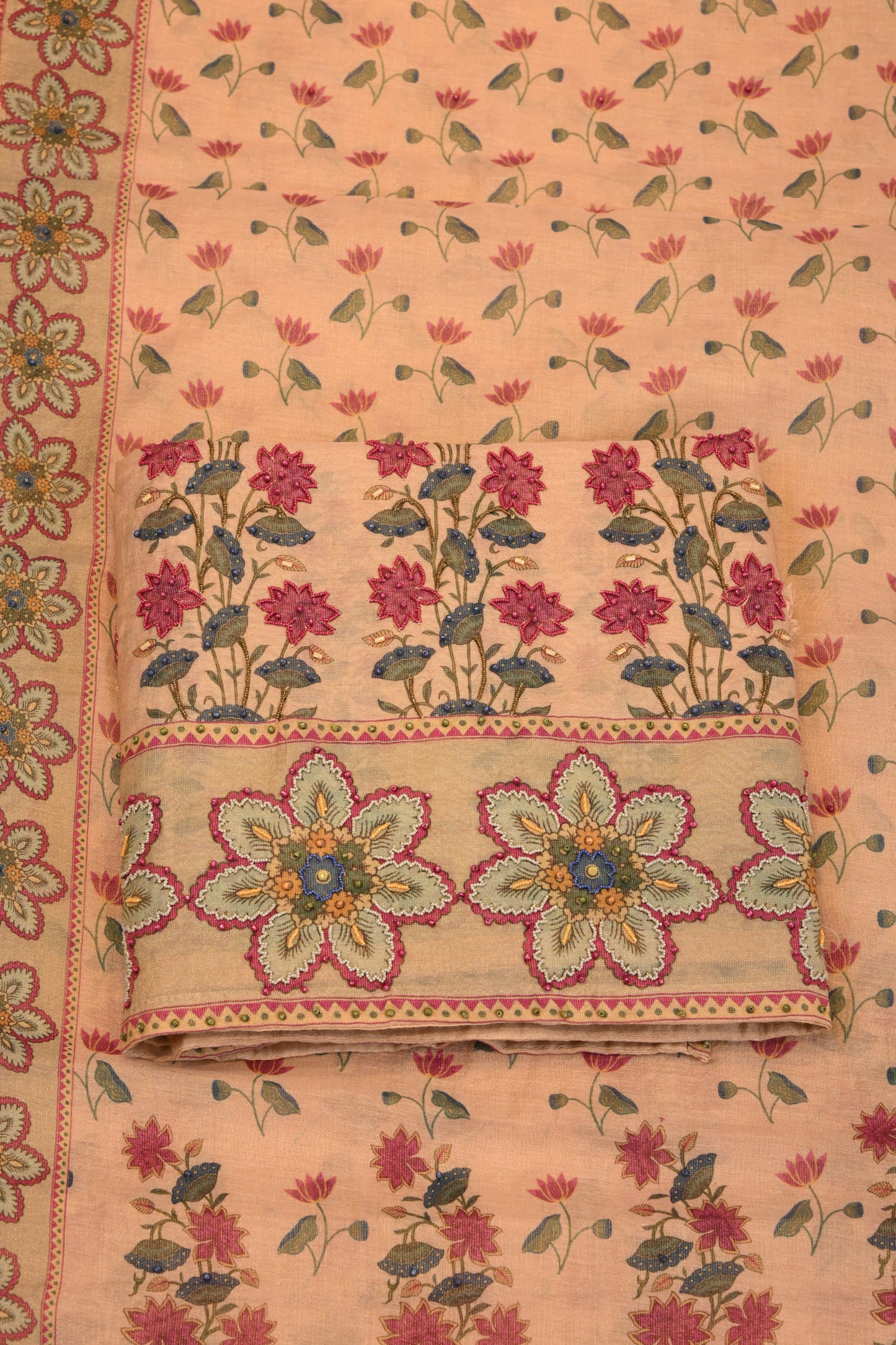Peach Floral Printed Suit with Embroidered Border & Dupatta