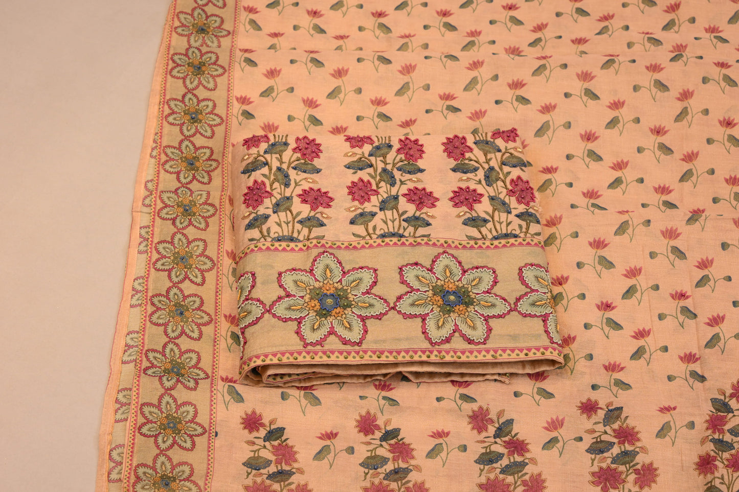Peach Floral Printed Suit with Embroidered Border & Dupatta
