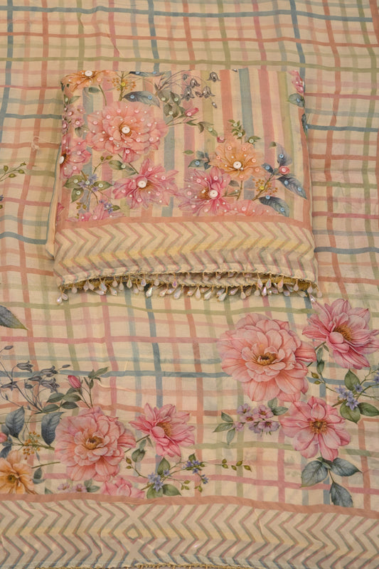 Pastel Checkered Floral Print with Pearl Lace Dupatta