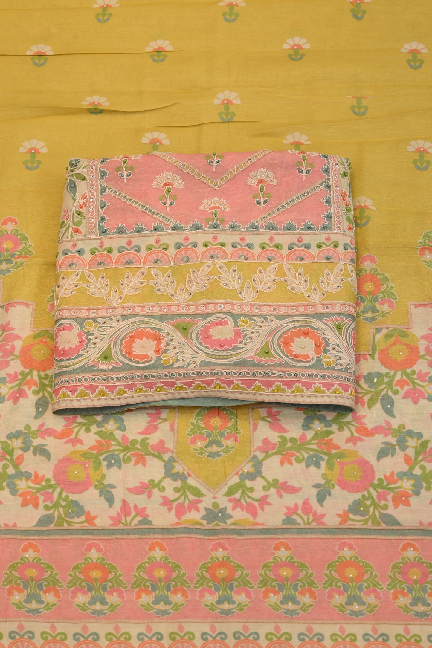 Mustard Yellow suit dupatta  Garden Floral with Ornate Border Detailing