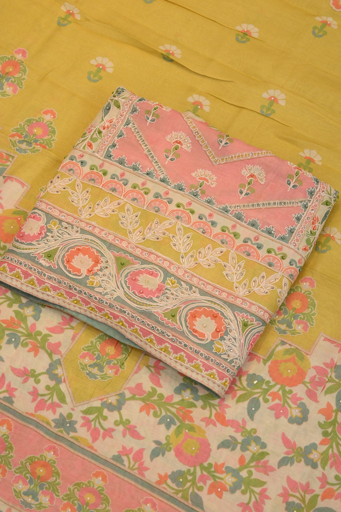Mustard Yellow suit dupatta  Garden Floral with Ornate Border Detailing