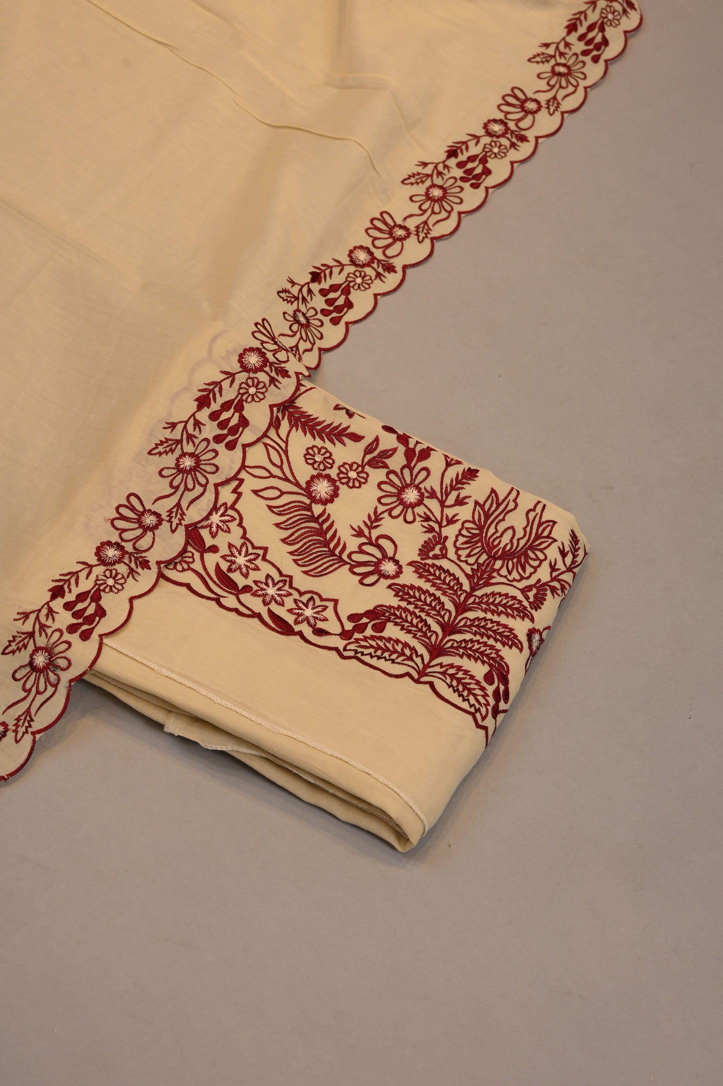 Off-White Base with Red Floral Embroidery suit  & Scalloped Dupatta