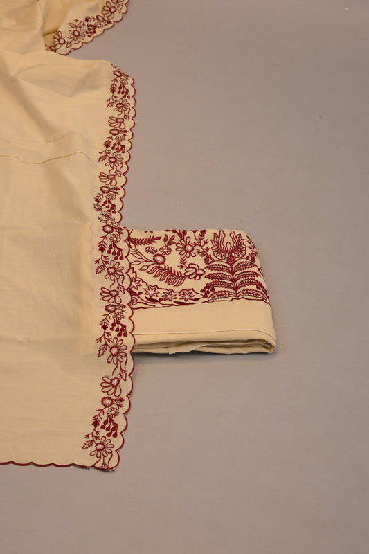 Off-White Base with Red Floral Embroidery suit  & Scalloped Dupatta