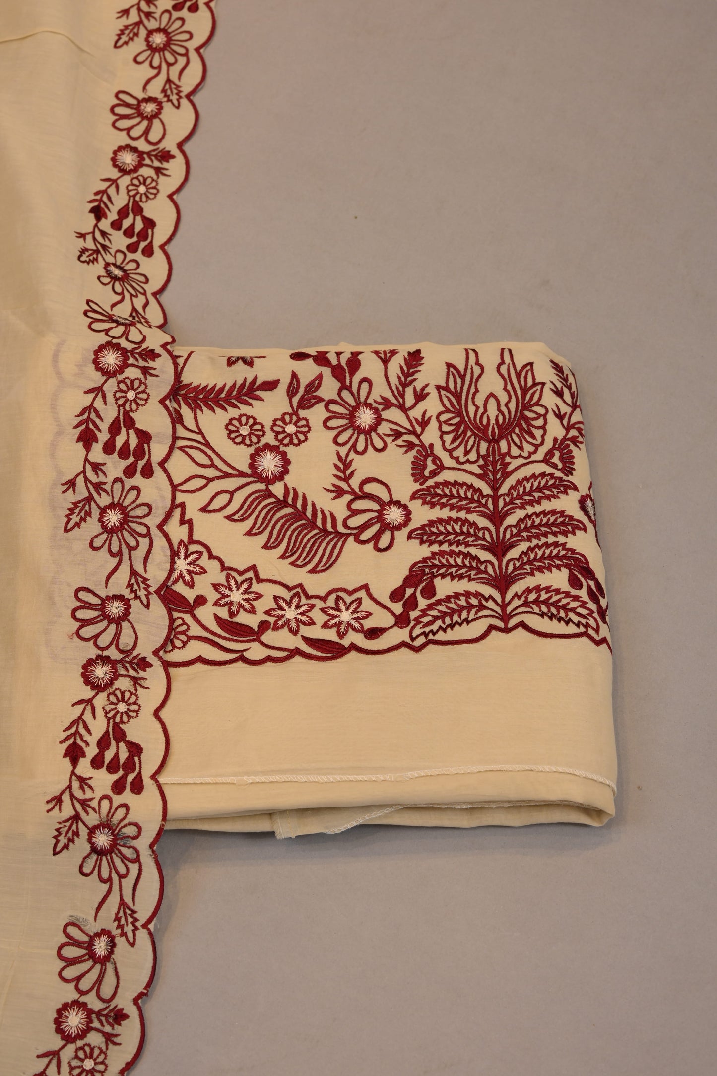 Off-White Base with Red Floral Embroidery suit  & Scalloped Dupatta