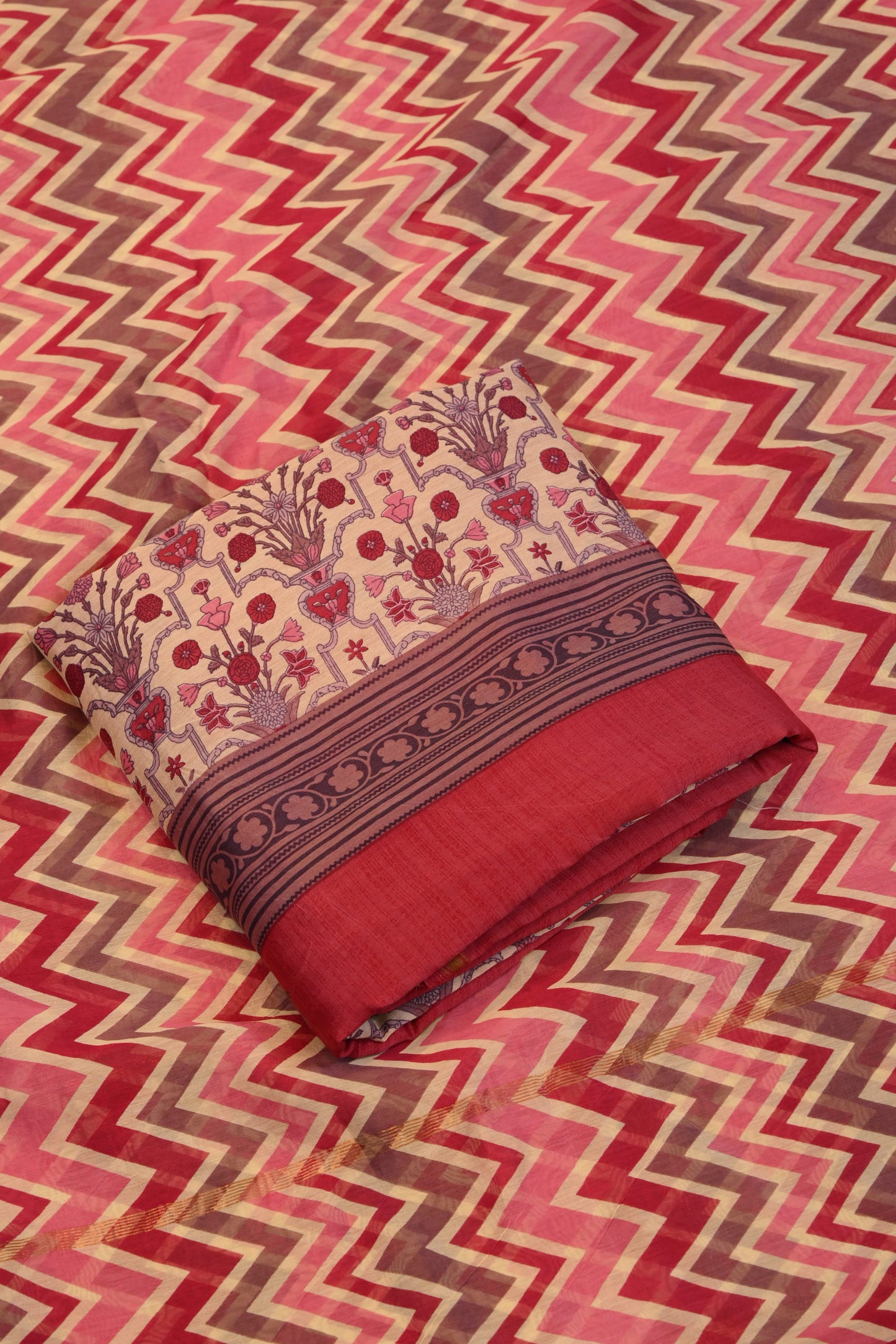 Red & Beige Chevron Print  suit with Floral Border Design dupatta