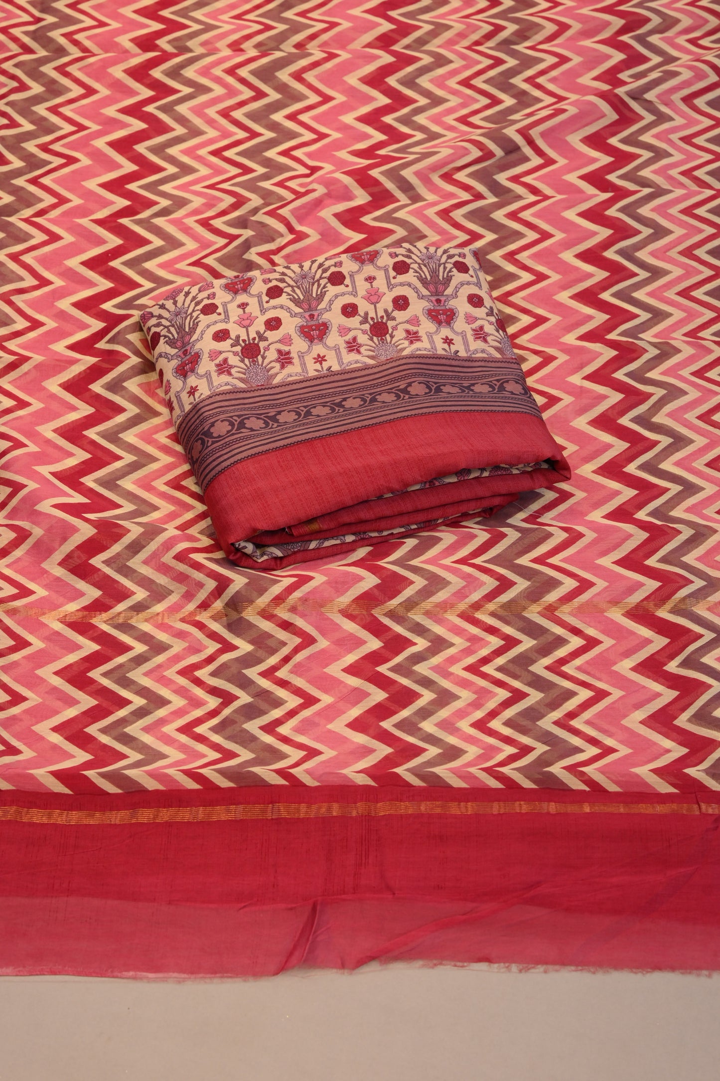 Red & Beige Chevron Print  suit with Floral Border Design dupatta