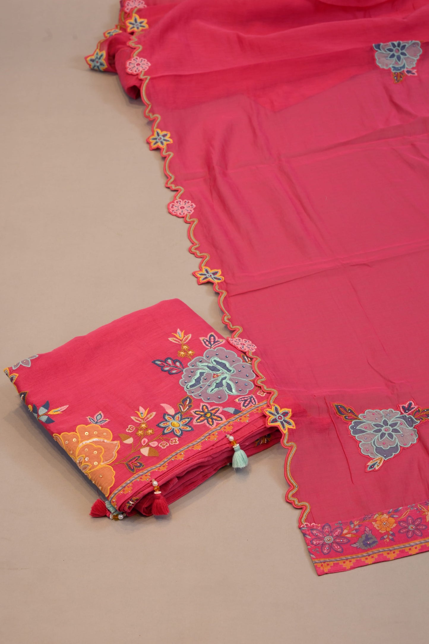Rani Pink Floral Embroidered Dupatta with Tassel Detailing