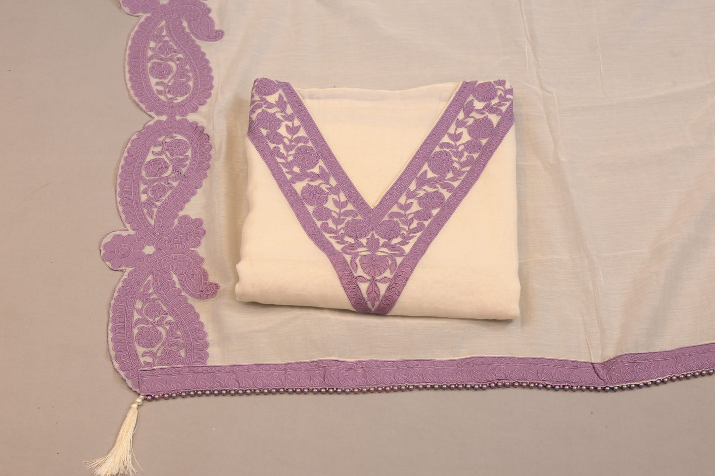 Off White Suit with Lavender Embroidered Neckline & Dupatta lace border