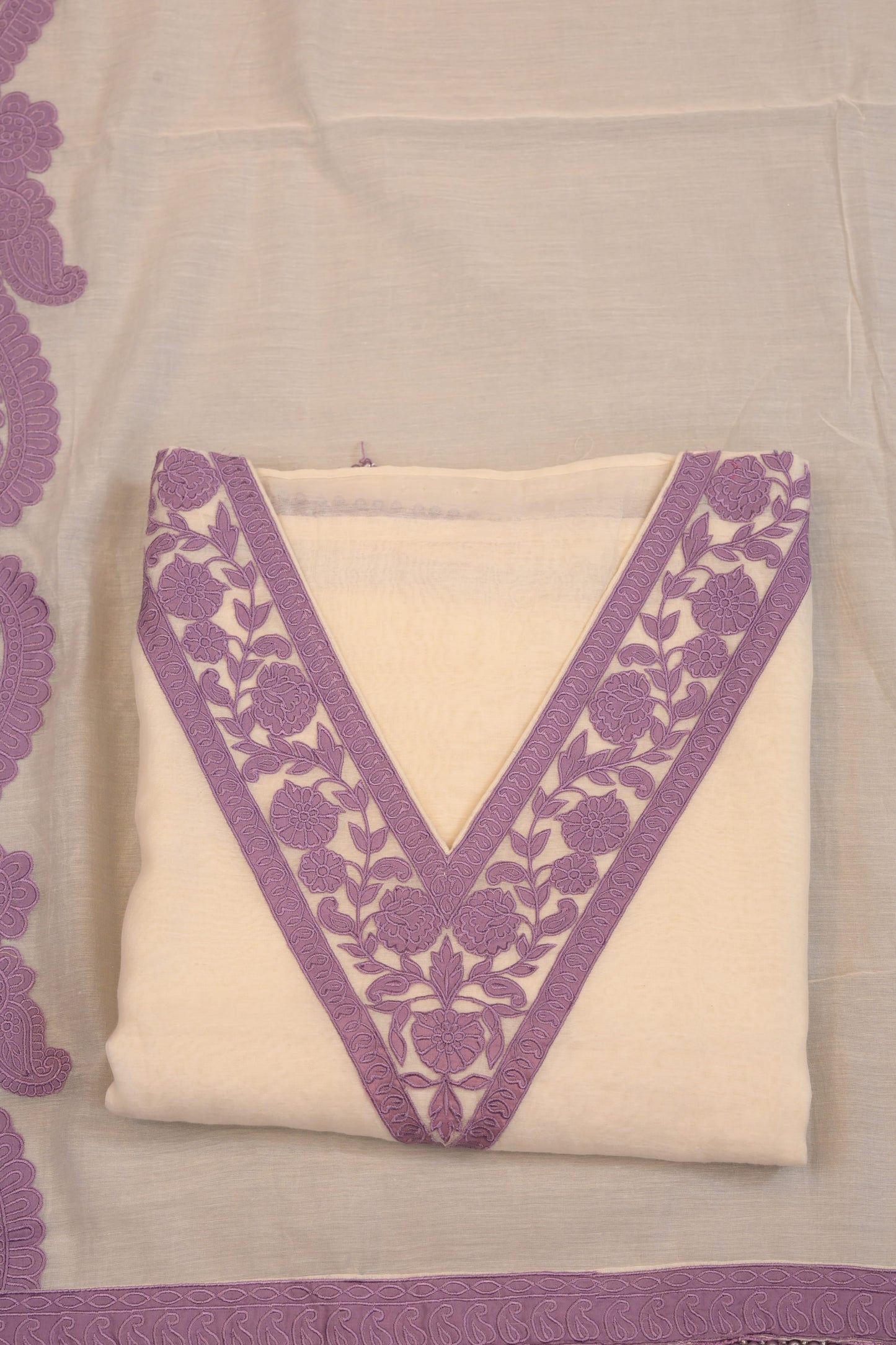 Off White Suit with Lavender Embroidered Neckline & Dupatta lace border