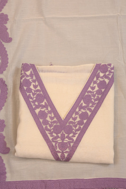 Off White Suit with Lavender Embroidered Neckline & Dupatta lace border
