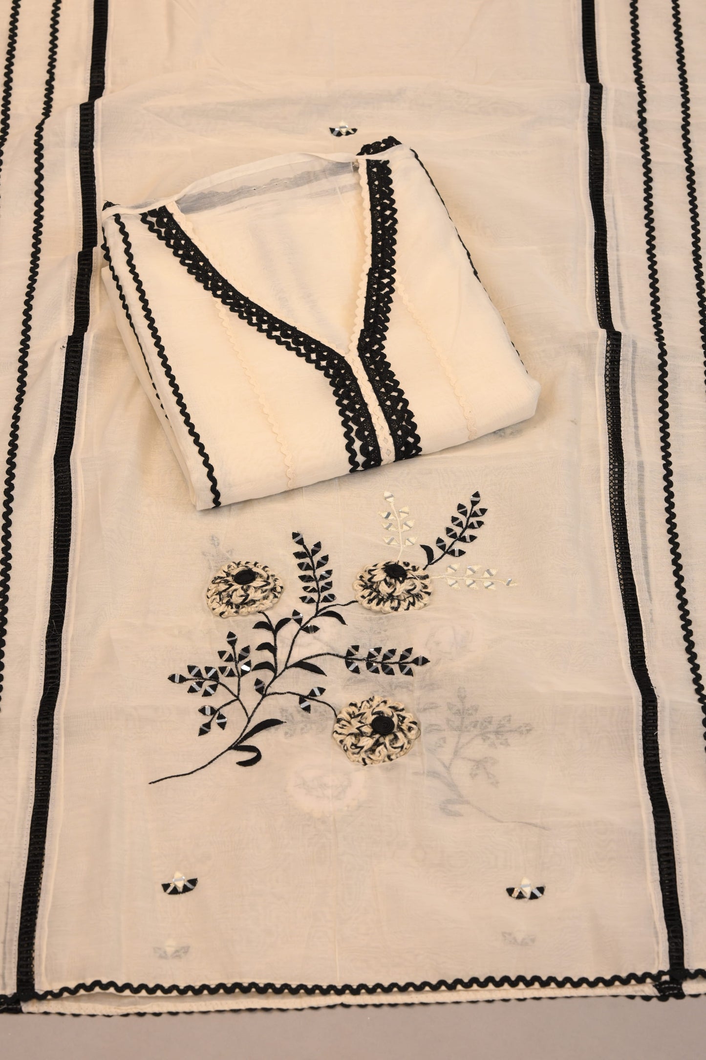 Off White Suit with Black Embroidered Motifs & Border Designer Dupatta