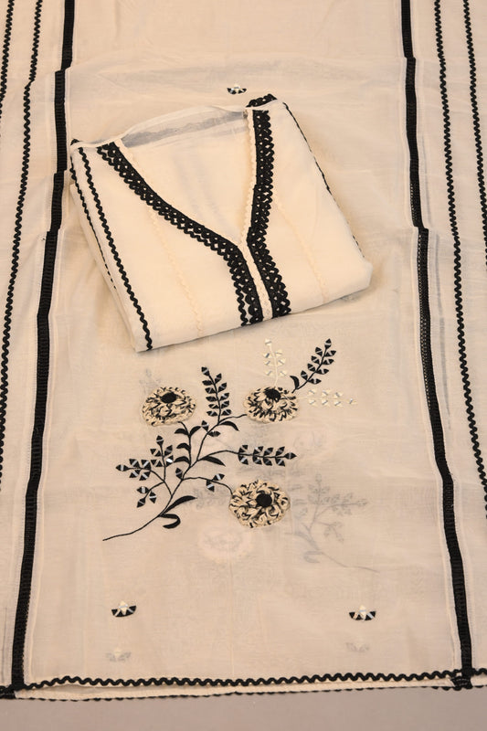 Off White Suit with Black Embroidered Motifs & Border Designer Dupatta