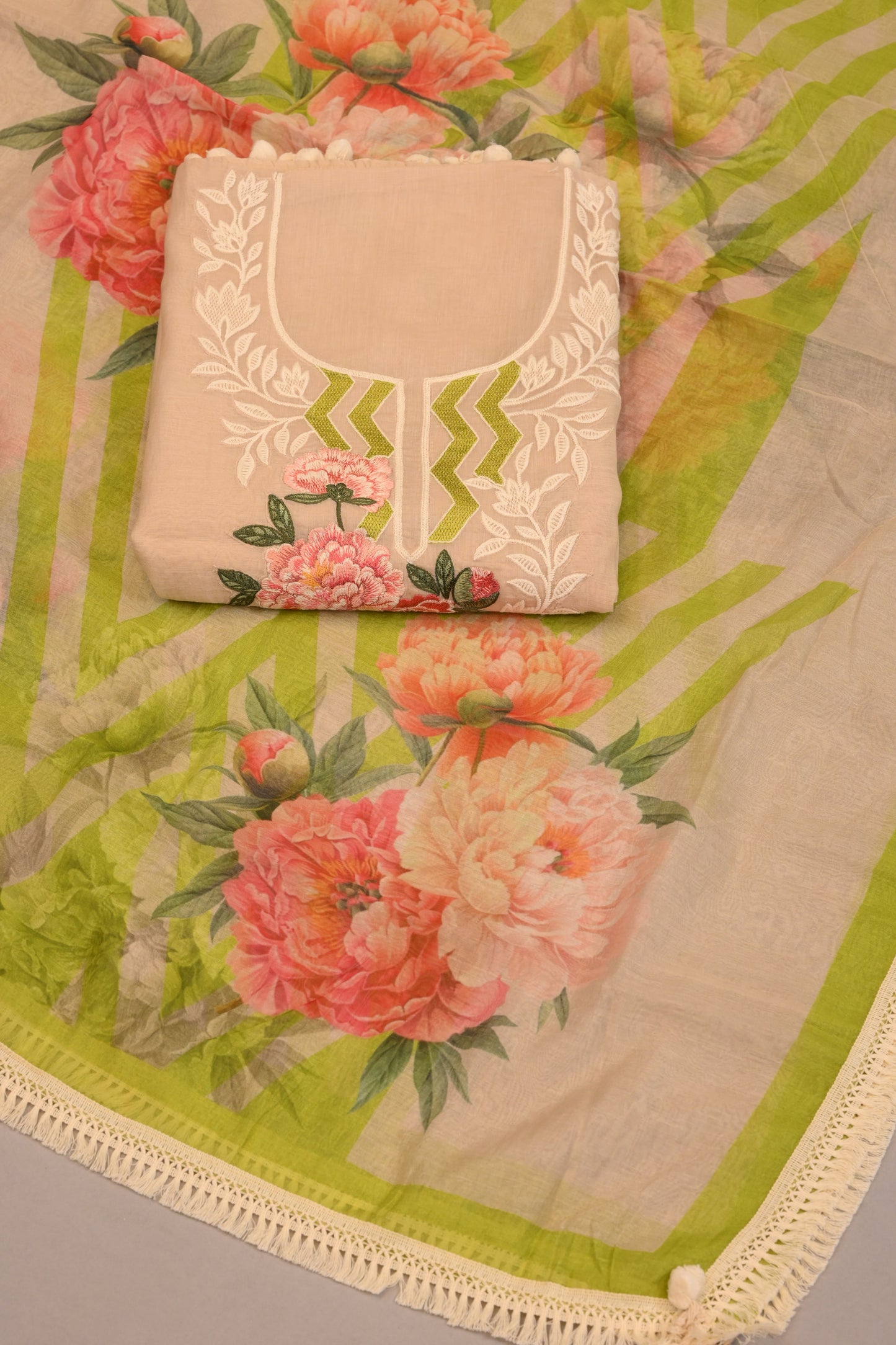 Floral Peach Suit with Embroidered Neckline & Printed Dupatta