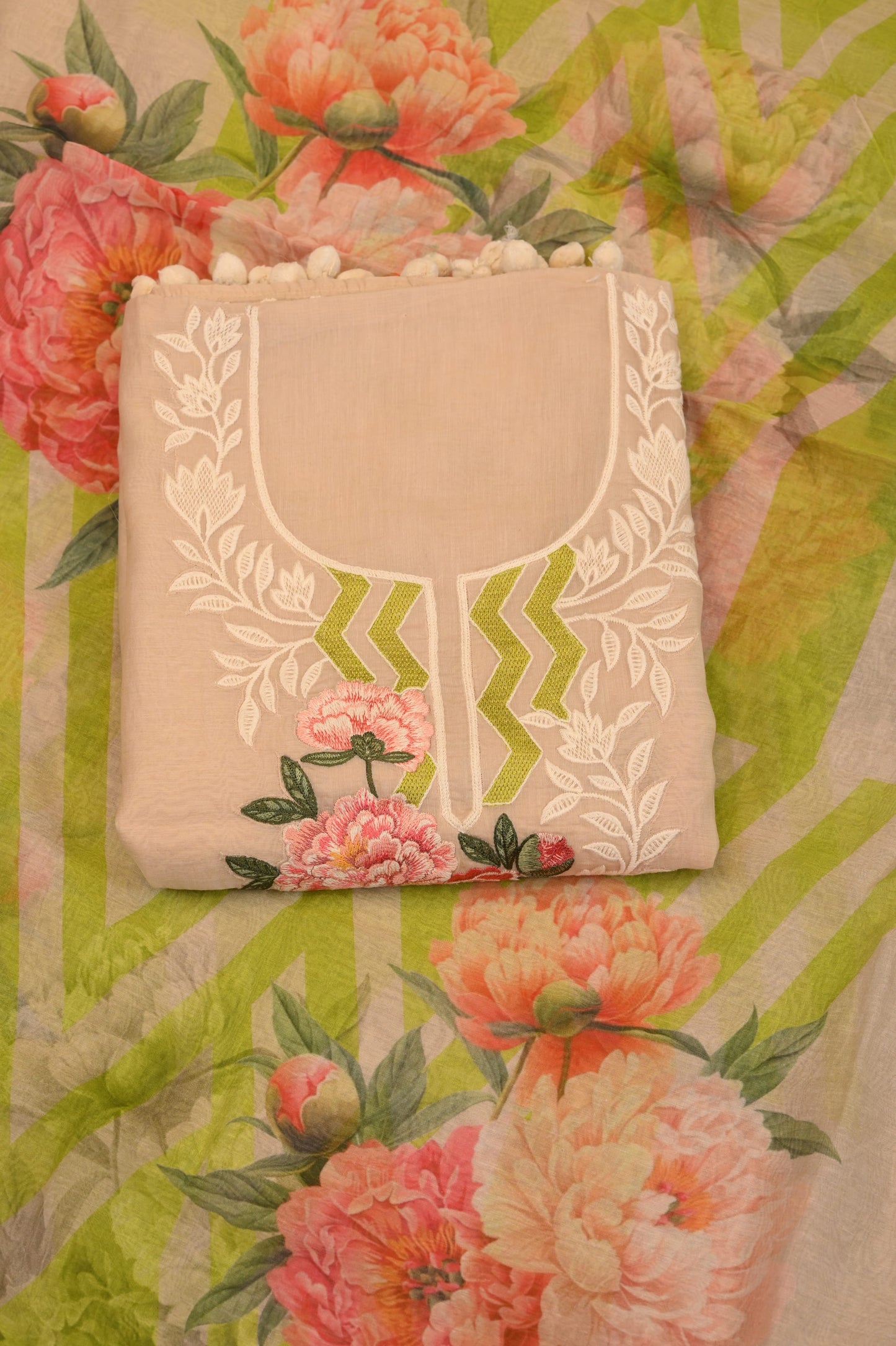 Floral Peach Suit with Embroidered Neckline & Printed Dupatta