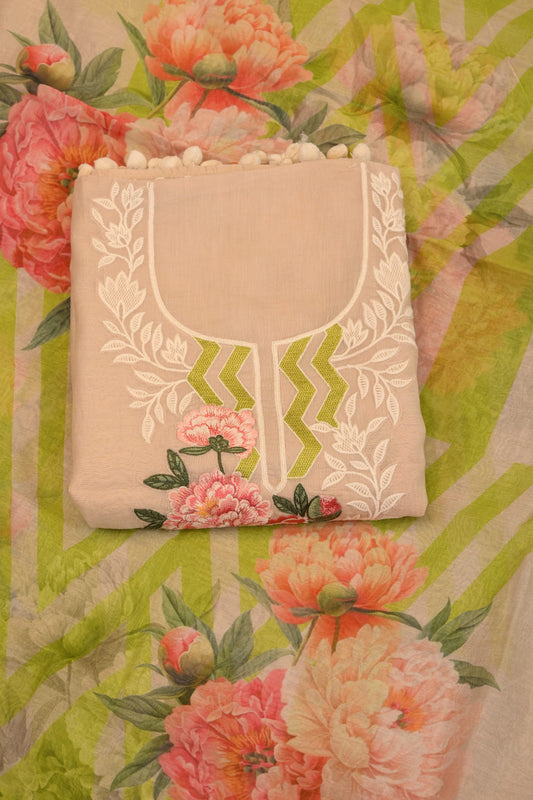 Floral Peach Suit with Embroidered Neckline & Printed Dupatta