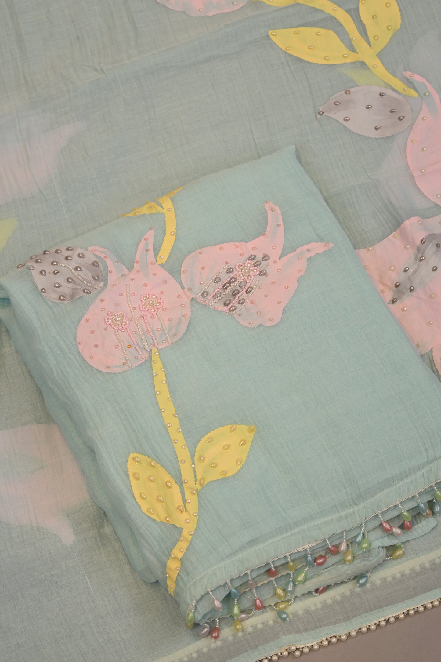 Aqua Blue Suit with 3D Floral Appliqué & Beaded Dupatta