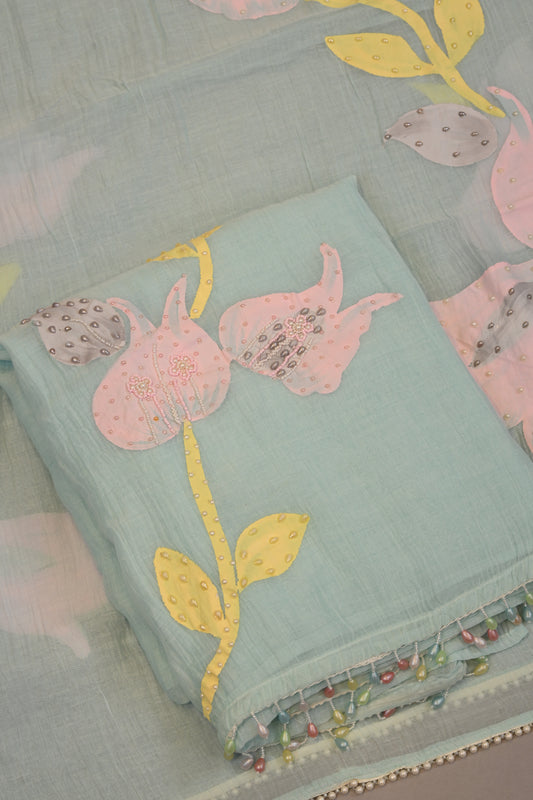 Aqua Blue Suit with 3D Floral Appliqué & Beaded Dupatta
