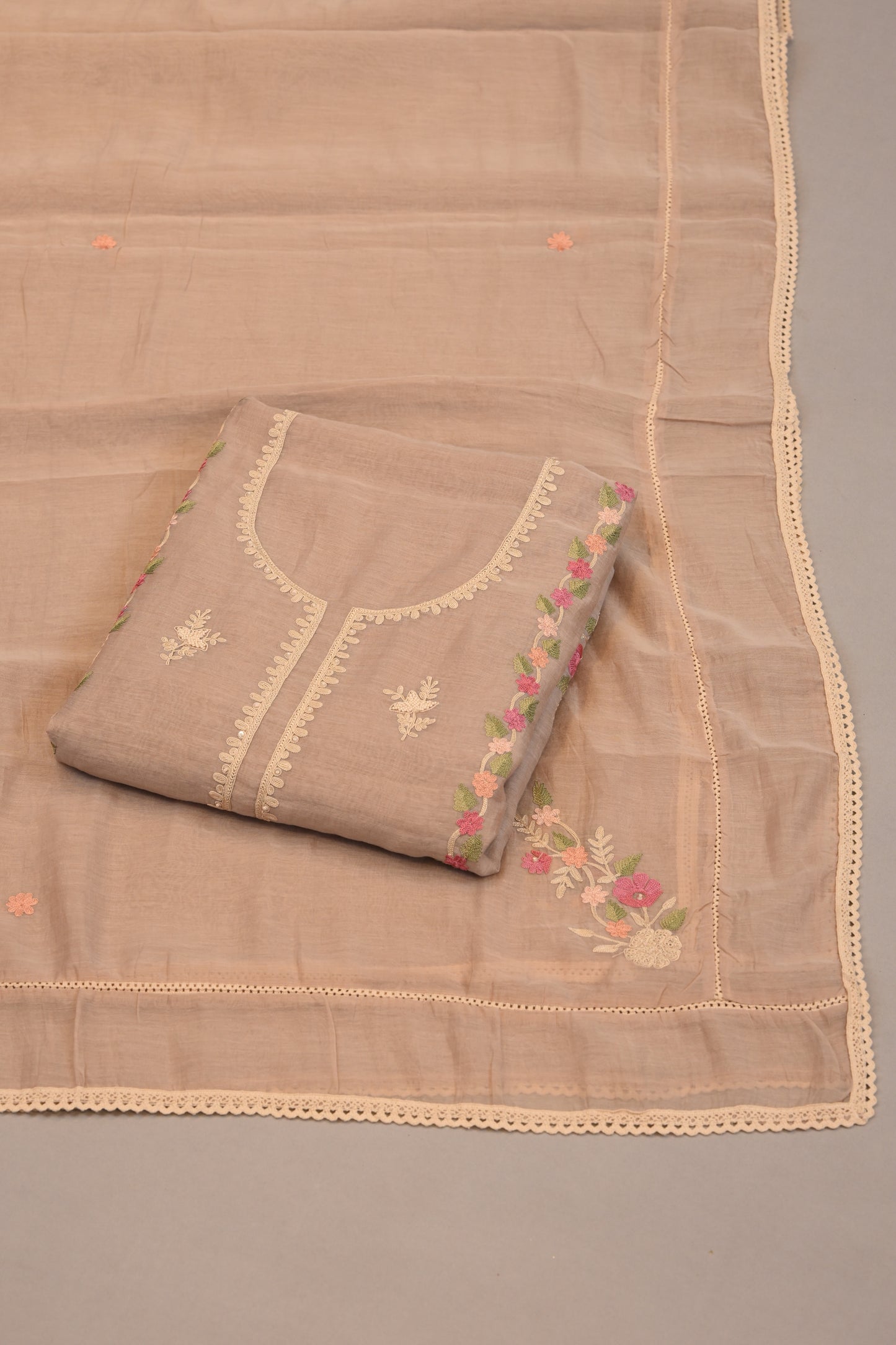 Soft Beige Taupe Floral Embroidery with Lace Border Dupatta