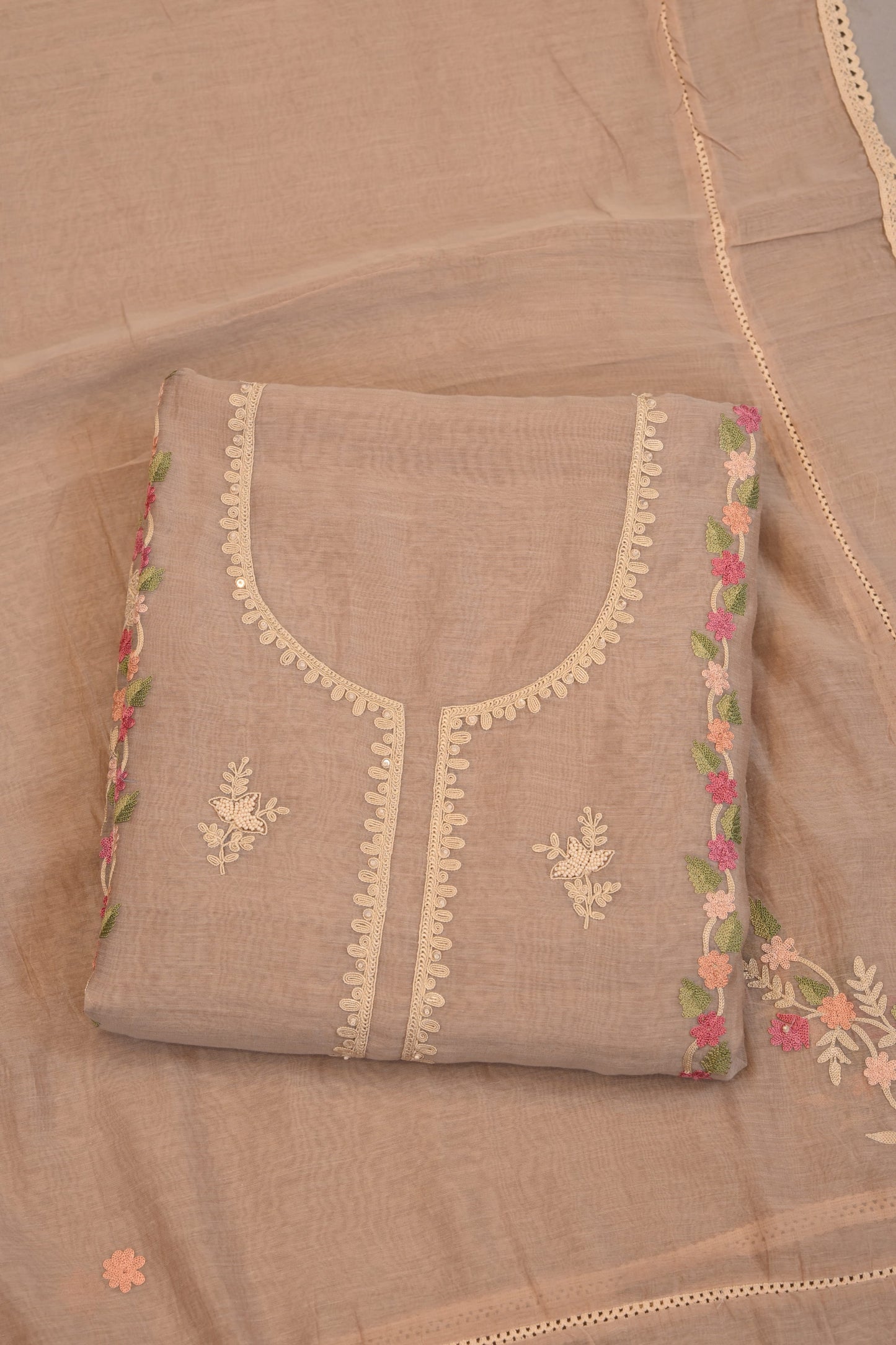Soft Beige Taupe Floral Embroidery with Lace Border Dupatta