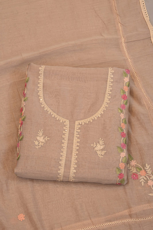 Soft Beige Taupe Floral Embroidery with Lace Border Dupatta