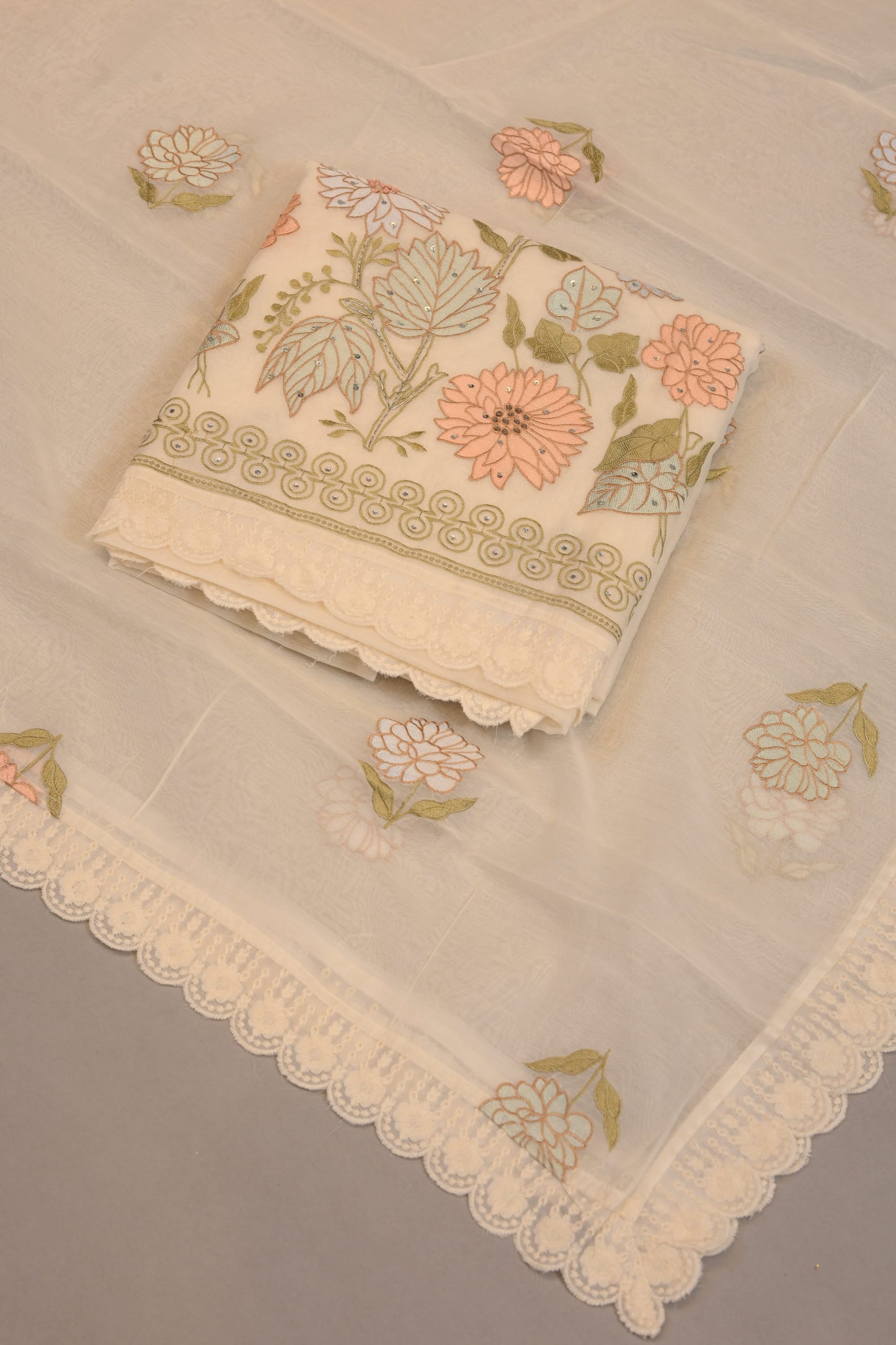 Soft Ivory Threadwork Suit with Delicate Lace Finish