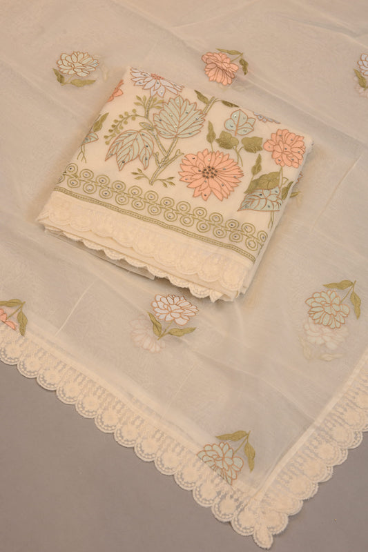 Soft Ivory Threadwork Suit with Delicate Lace Finish