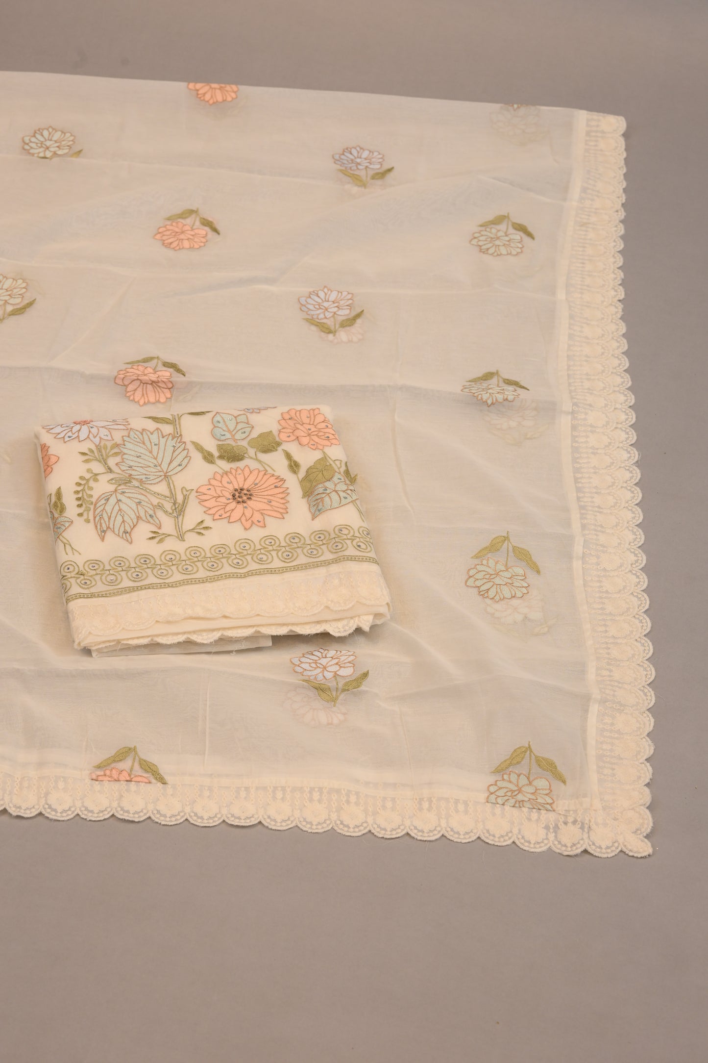 Soft Ivory Threadwork Suit with Delicate Lace Finish
