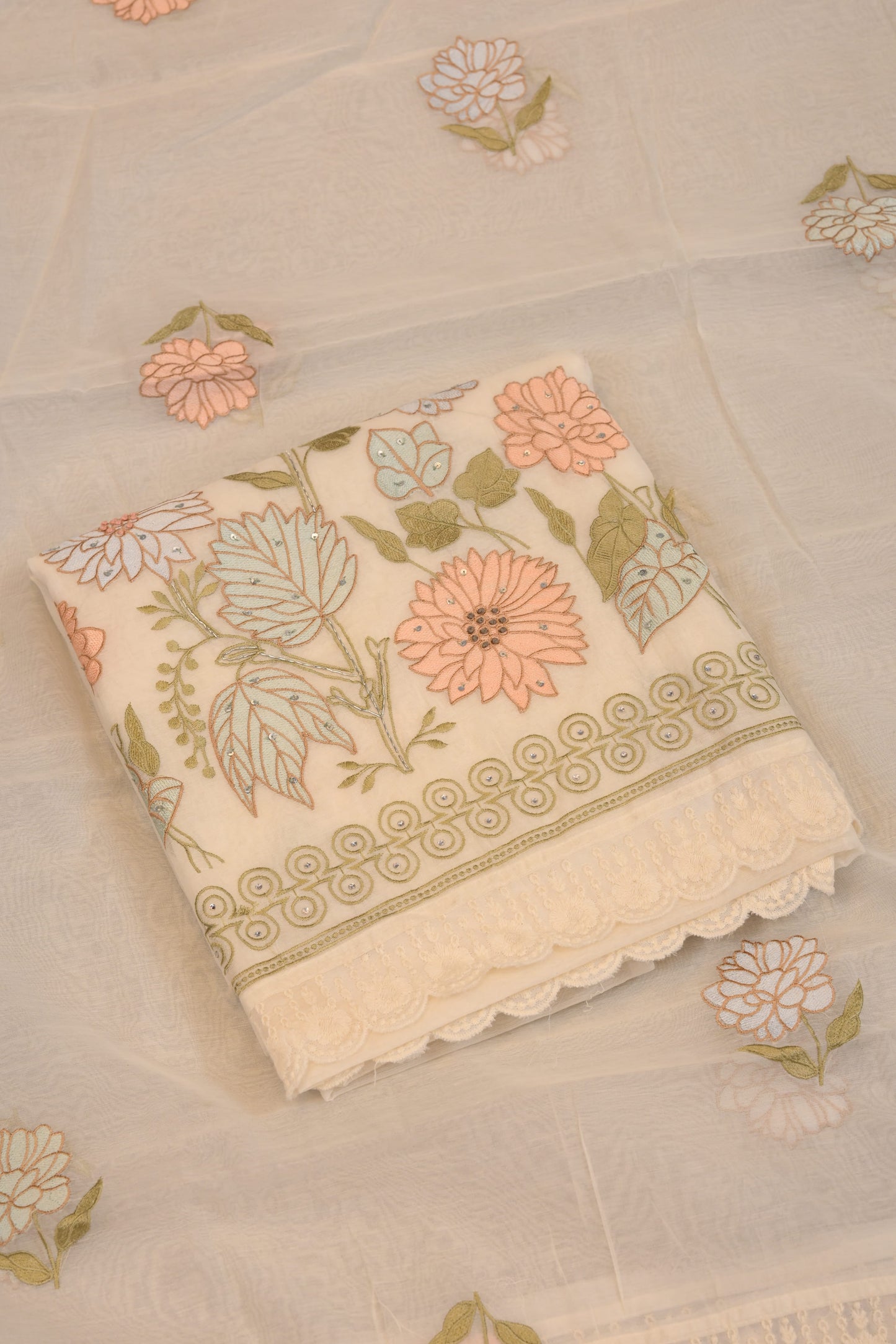 Soft Ivory Threadwork Suit with Delicate Lace Finish