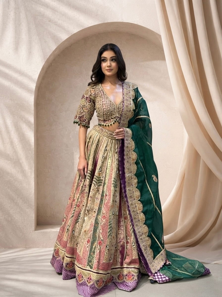 Lehenga Set – Multicolor Embroidered Festive Lehenga with Green Dupatta