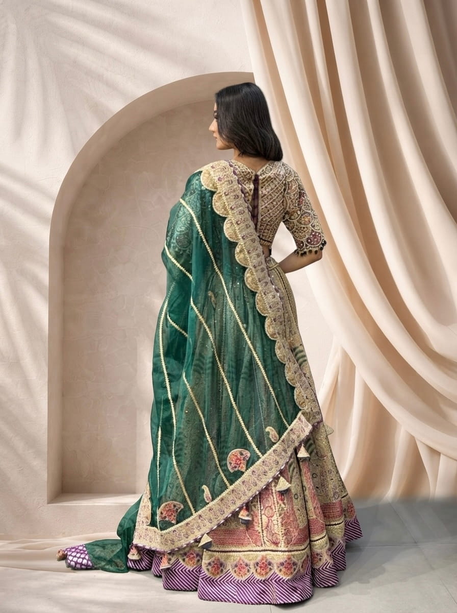 Lehenga Set – Multicolor Embroidered Festive Lehenga with Green Dupatta