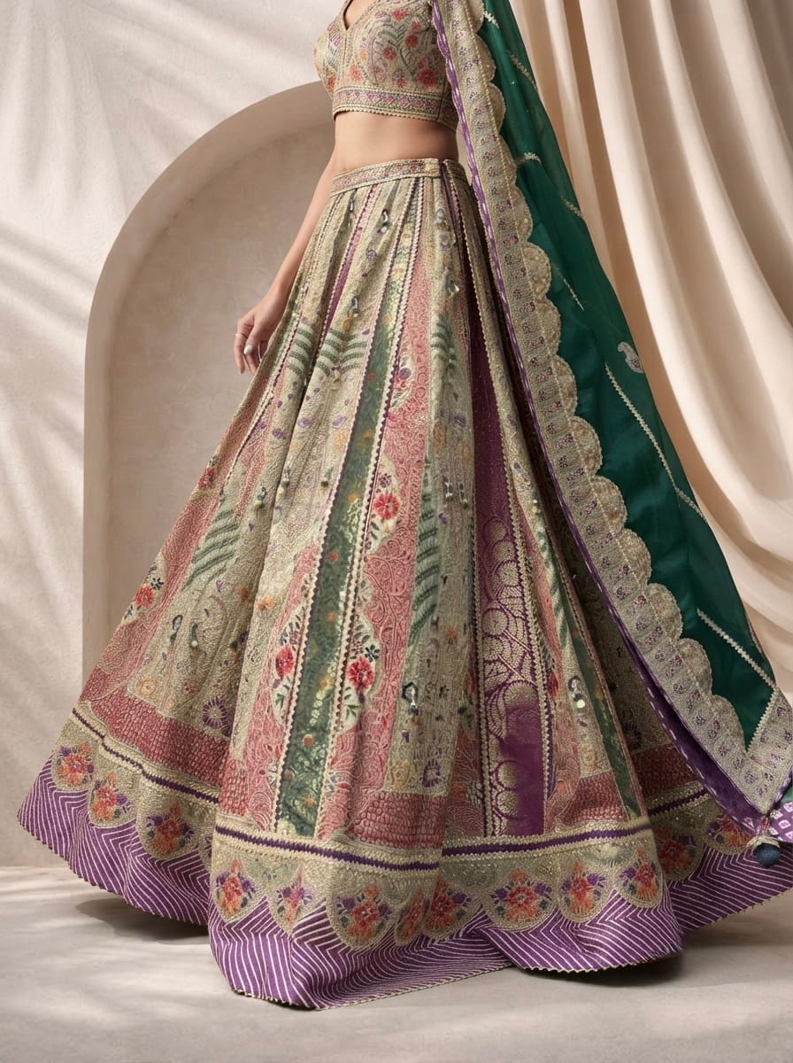 Lehenga Set – Multicolor Embroidered Festive Lehenga with Green Dupatta