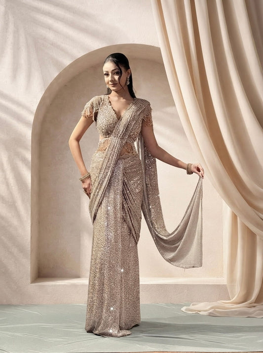 Saree – Champagne Sequin Drape with Embellished Blouse