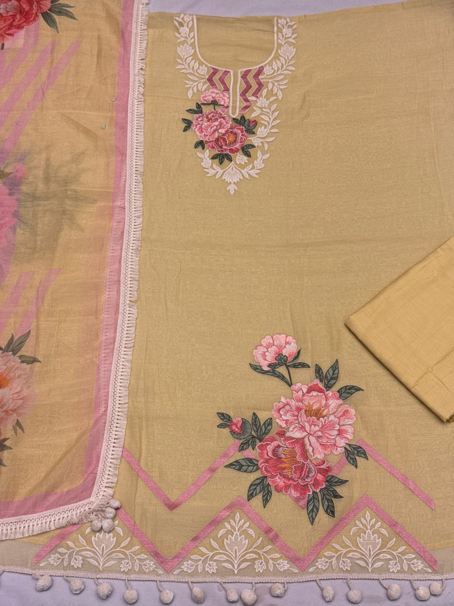 Floral Suit with Embroidered Neckline & Printed Dupatta