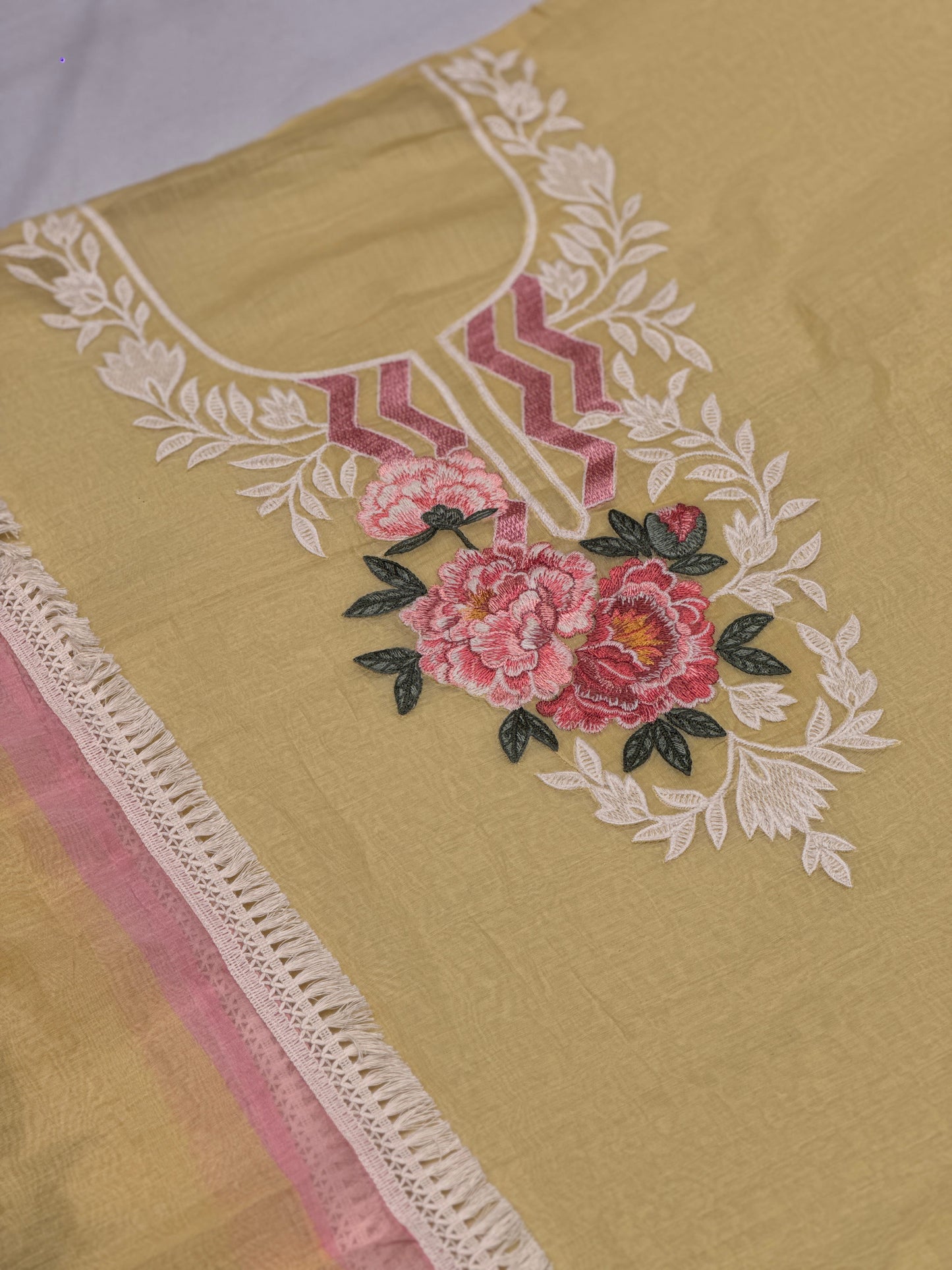 Floral Suit with Embroidered Neckline & Printed Dupatta