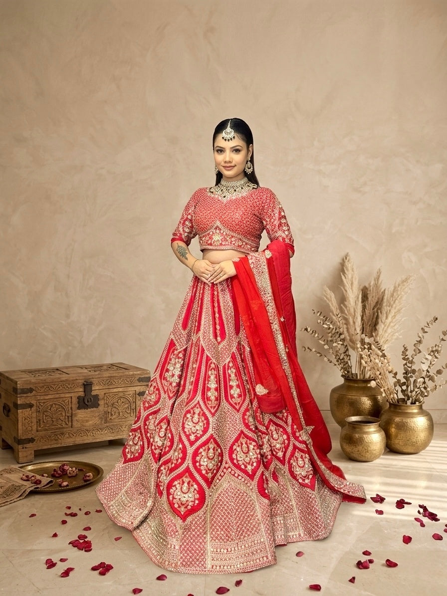 Bridal Lehenga Set – Regal Red Heavy Embroidered Wedding Ensemble