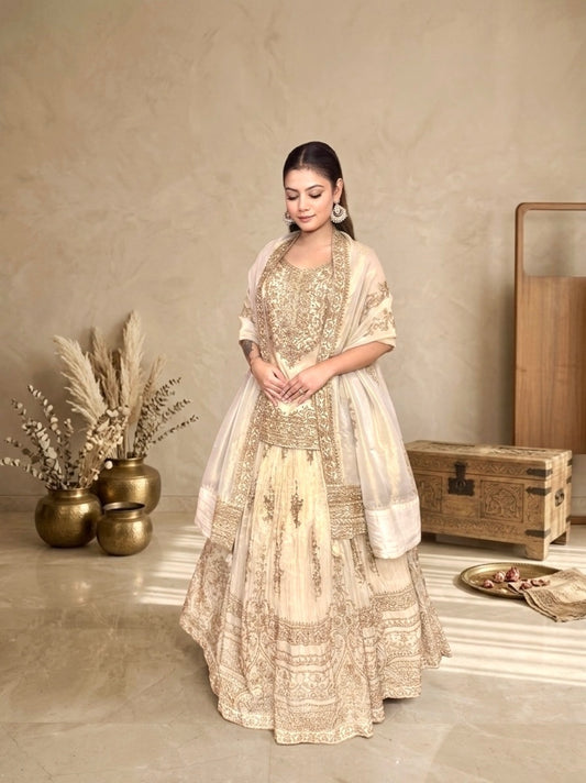 Ethnic Lehenga Set in Ivory Featuring Royal Embroidered Motifs