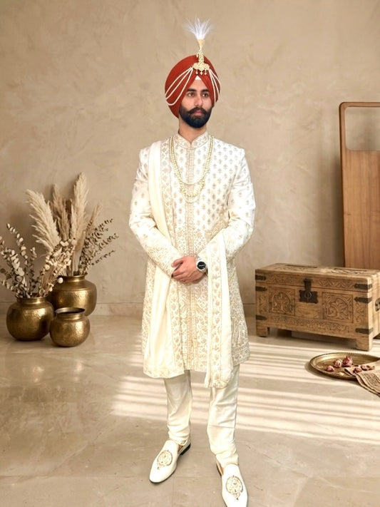 Ivory & Gold Heavy Embroidered Designer Wedding Sherwani with Stole