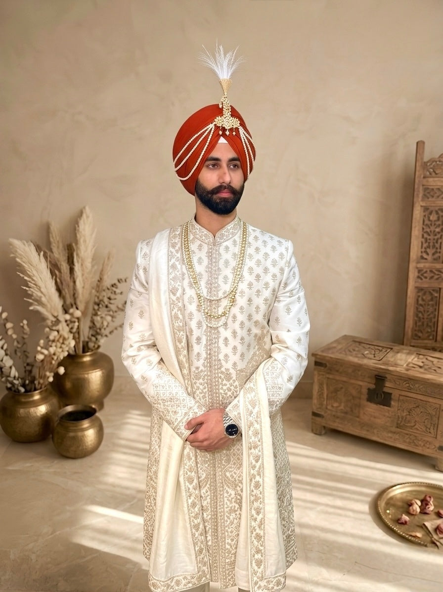 Ivory & Gold Heavy Embroidered Designer Wedding Sherwani with Stole