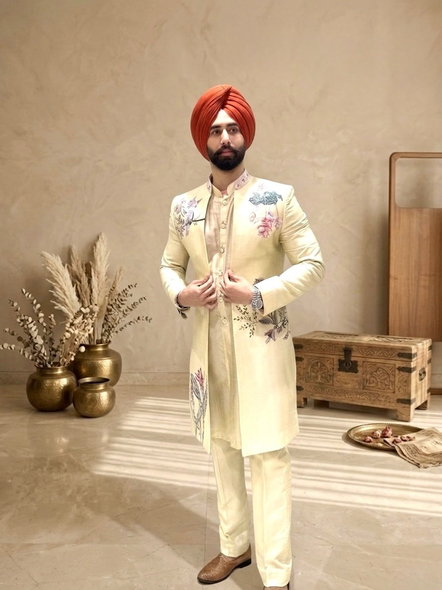Men’s Ivory Embroidered Sherwani Set with Floral Detailing