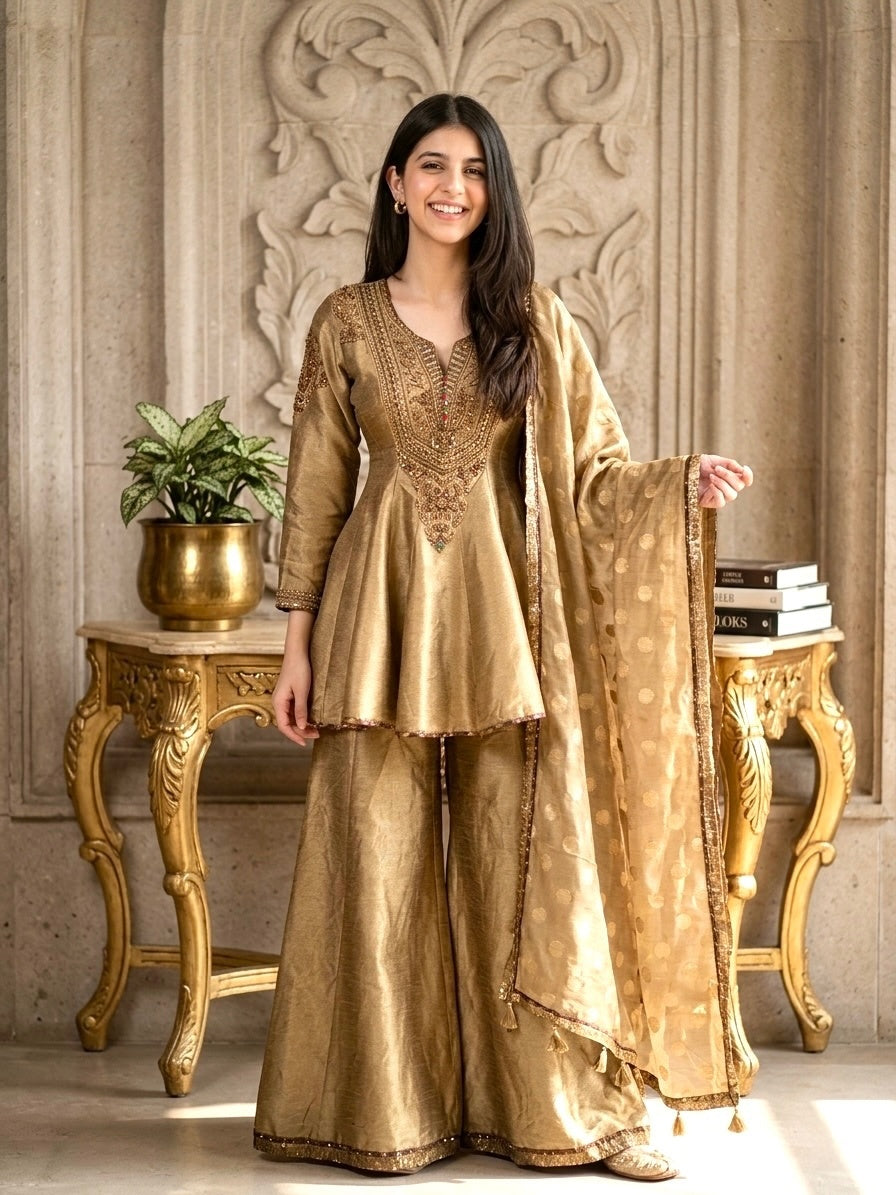 Women’s Festive Gold Silk Blend Sharara Suit Set