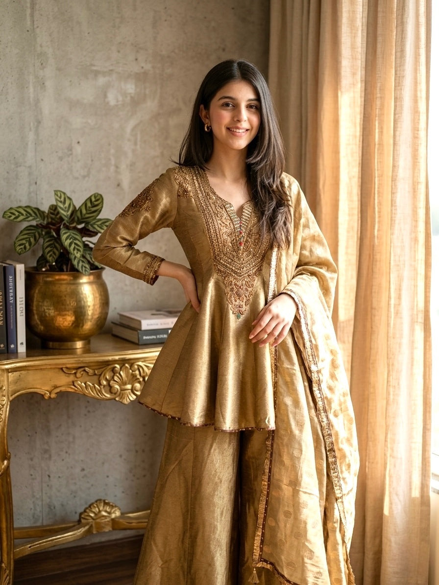Women’s Festive Gold Silk Blend Sharara Suit Set